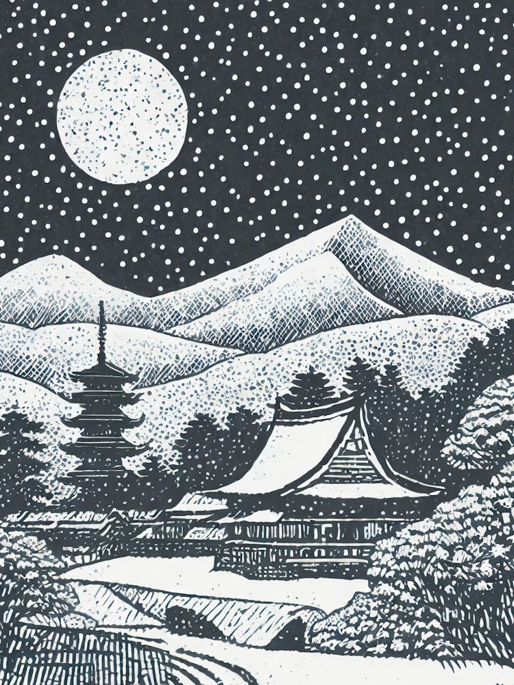 A Snow Covered Village With A Distant View Of A Pagoda Ukiyo-E Style