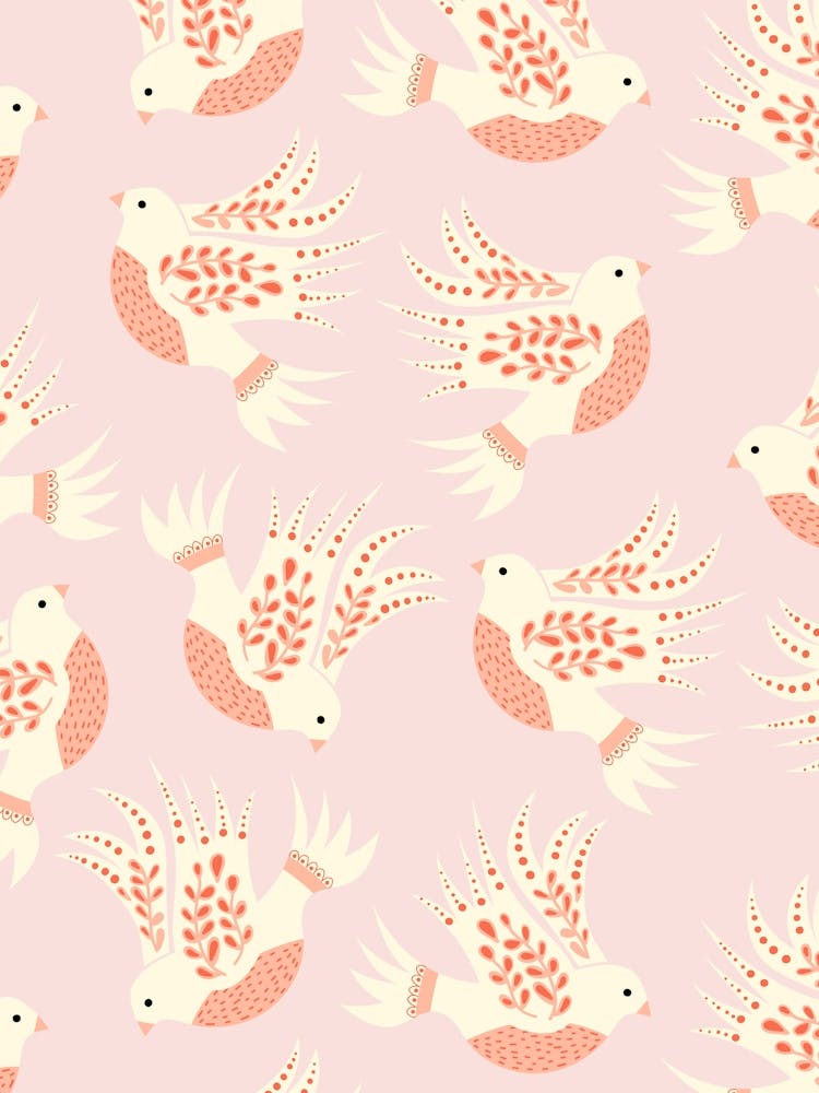 Folk Art Christmas White Doves on Pastel Pink