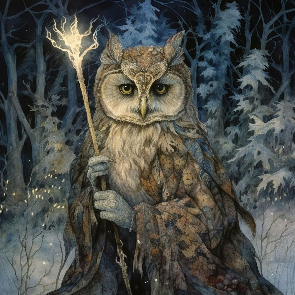 Queen Of The Fae Owl Clan. Enchanted Winter Forest.