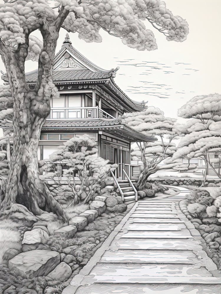Koya San In Wakayama, Ukiyo E Black And White Line Art Drawing 1