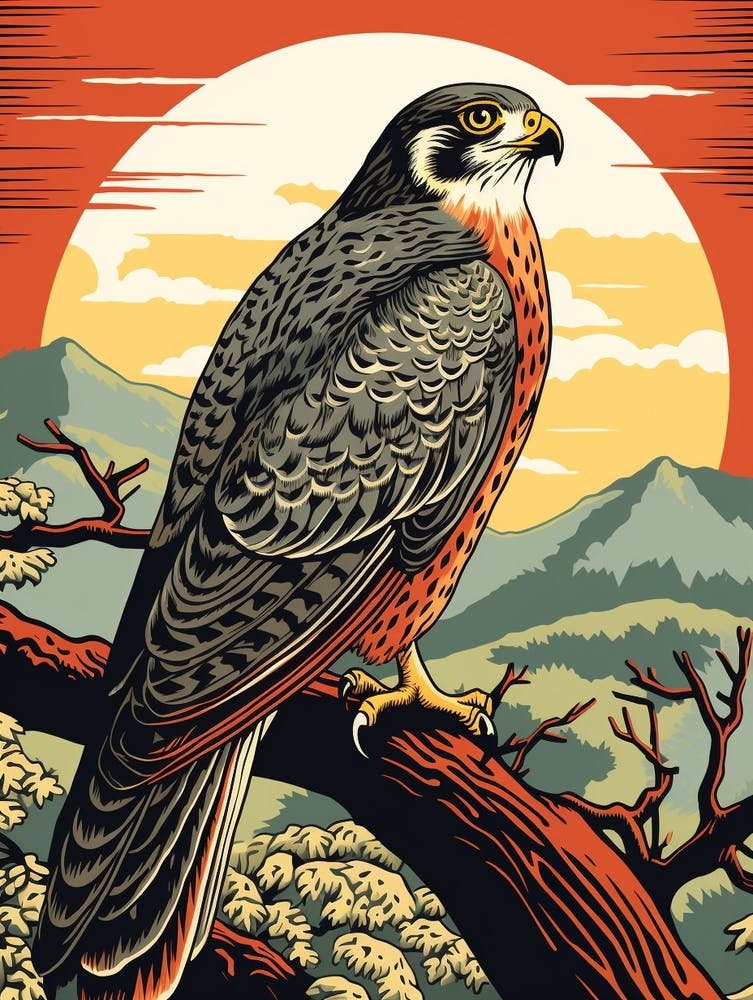 Vintage Bird Linocut Falcon 4