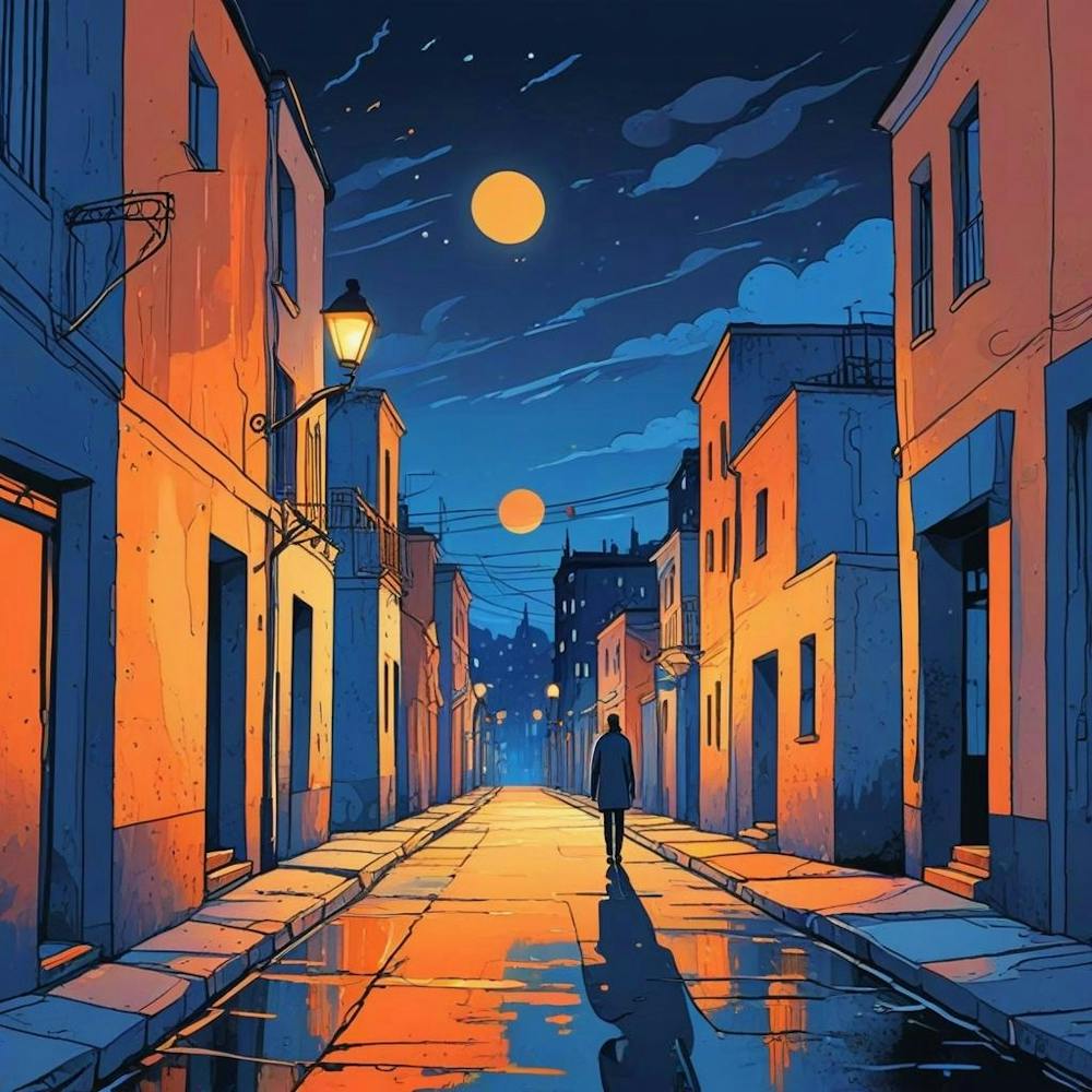 Night Scene Of A Street With A Person Walking Down The Street Art (4)