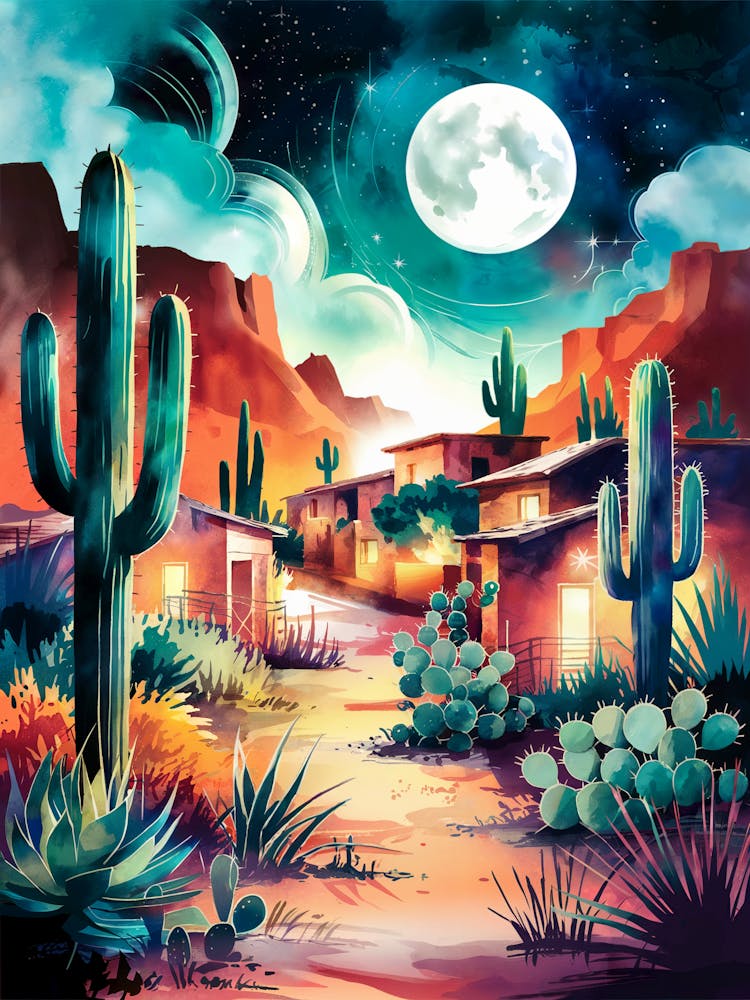 Desert Art: Vibrant watercolor painting of a moonlit adobe village surrounded by cacti and desert plants under a starry sky. Perfect for Southwestern charm and mystical vibes