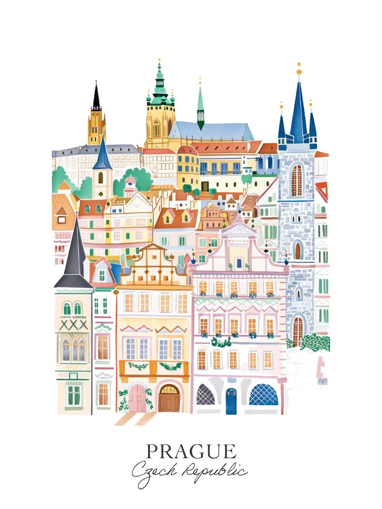 Prague Czech Republic Gouache Travel Illustration