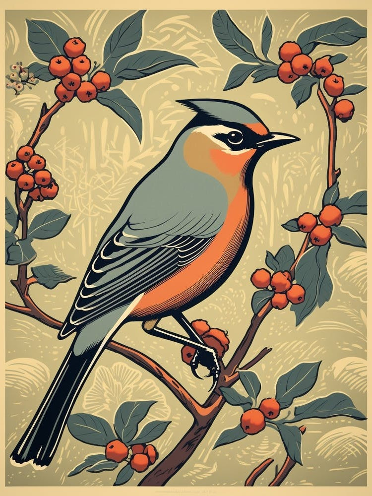 Vintage Bird Linocut Cedar Waxwing 2