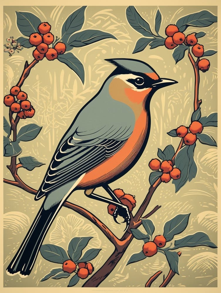 Vintage Bird Linocut Cedar Waxwing 2