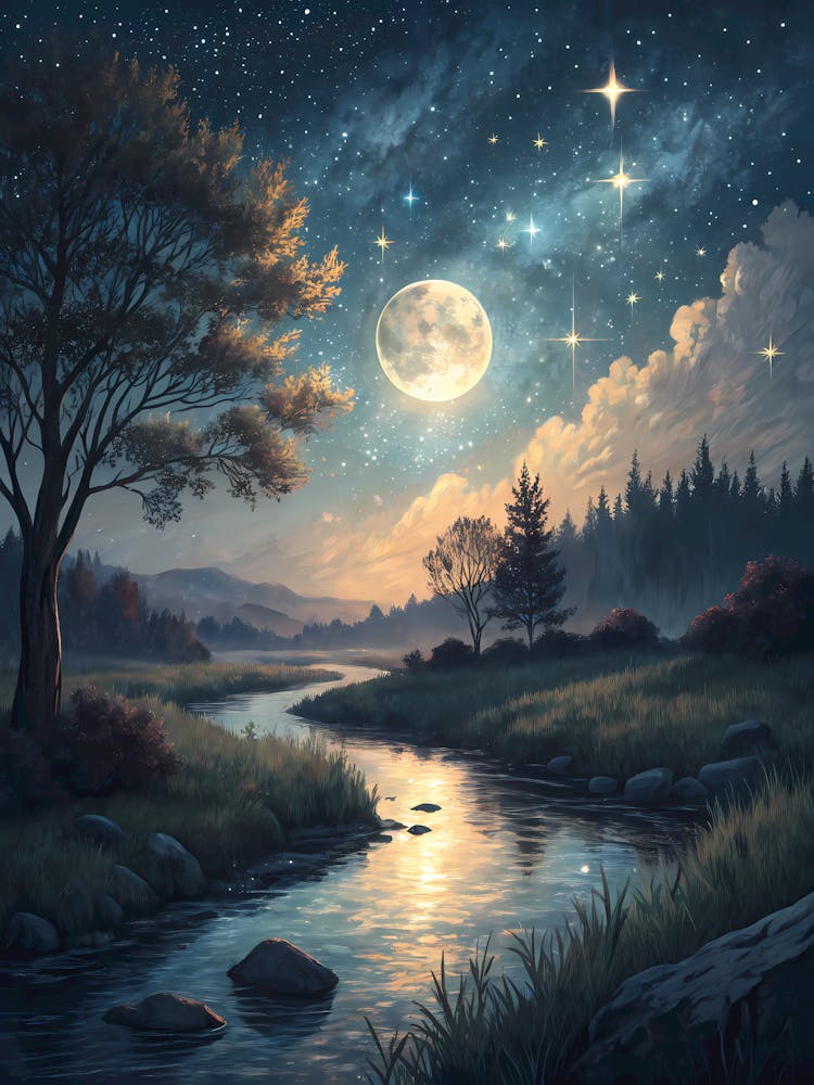 Paysage Nocturne Enchanté : Rivière au Clair de Lune et Ciel Étoilé - Peinture à l'Huile