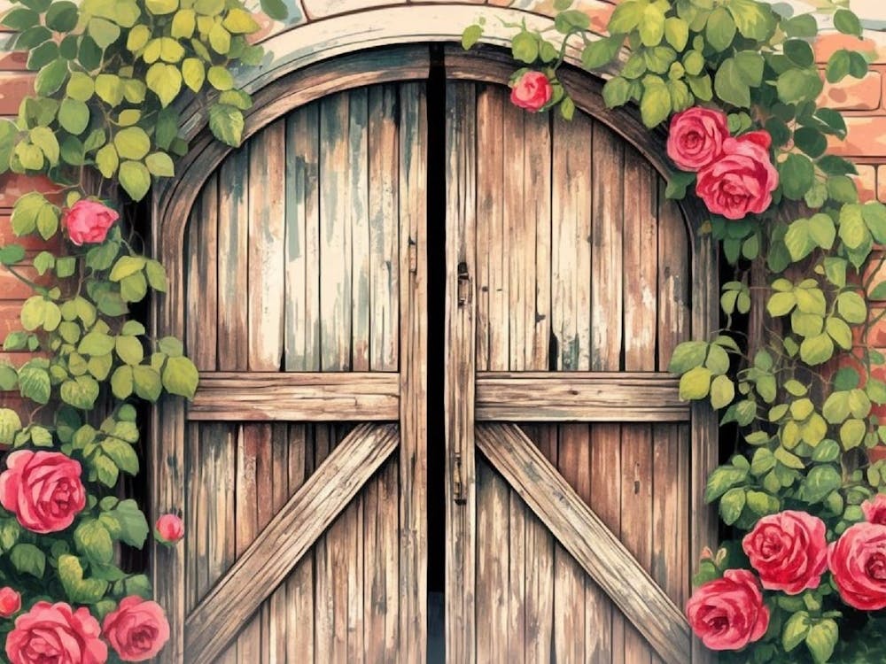 Porte de jardin en bois cintrée romantique avec roses grimpantes rouges