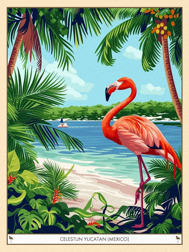 Greater Flamingo Celestun Yucatan Mexico Tropical Illustration 1 Poster