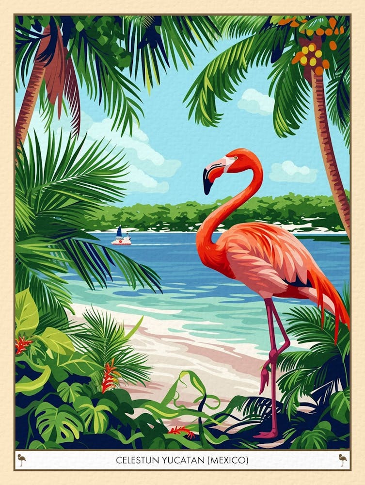 Greater Flamingo Celestun Yucatan Mexico Tropical Illustration 1 Poster