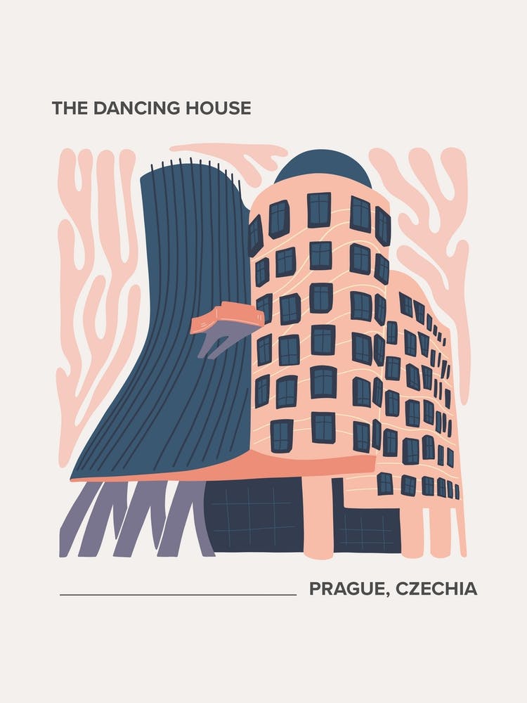 The Dancing House   Prague, Czechia, Warm Colours Illustration Travel Poster 2