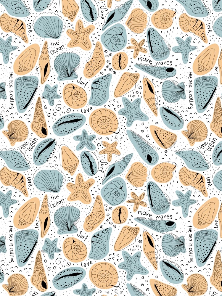 Scattered Seashells and Surfer Lingo Black Line Art with Orange and Blue