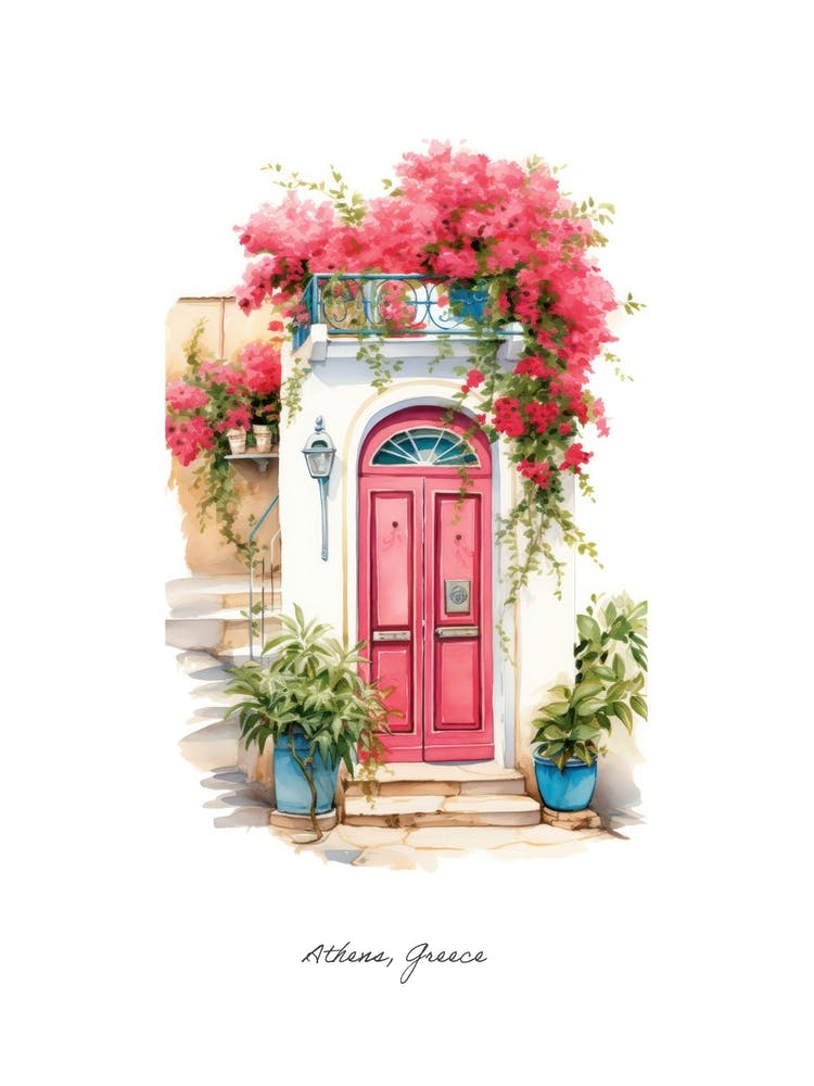 Athens, Greece   Mediterranean Doors Watercolour Painting 3 Poster