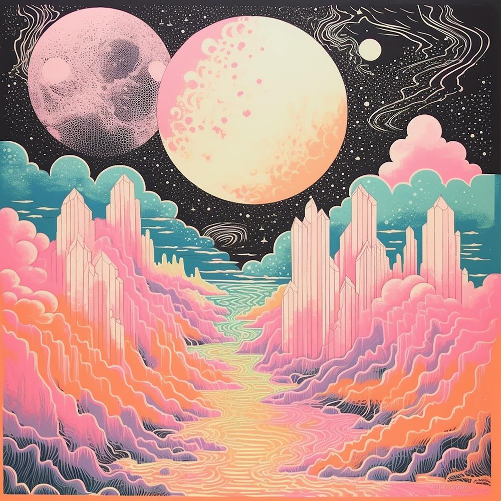 Crystal Valley & Moon, Abstract Surreal Landscape