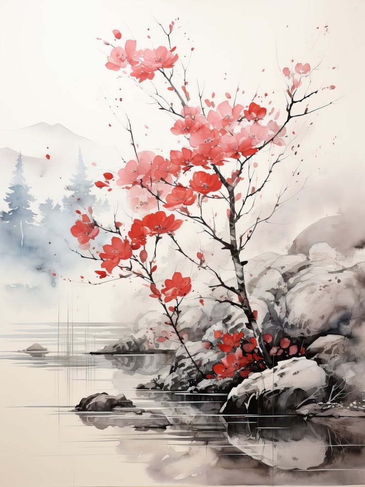 Red Small Stree, Japanese Brush Painting, Ukiyo E, Minimal 1