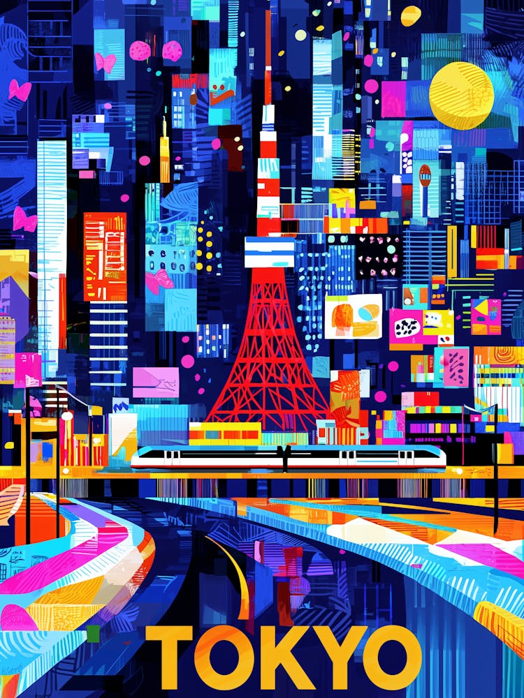 Tokyo Neon Glow – Colorful Geometric Cityscape Poster