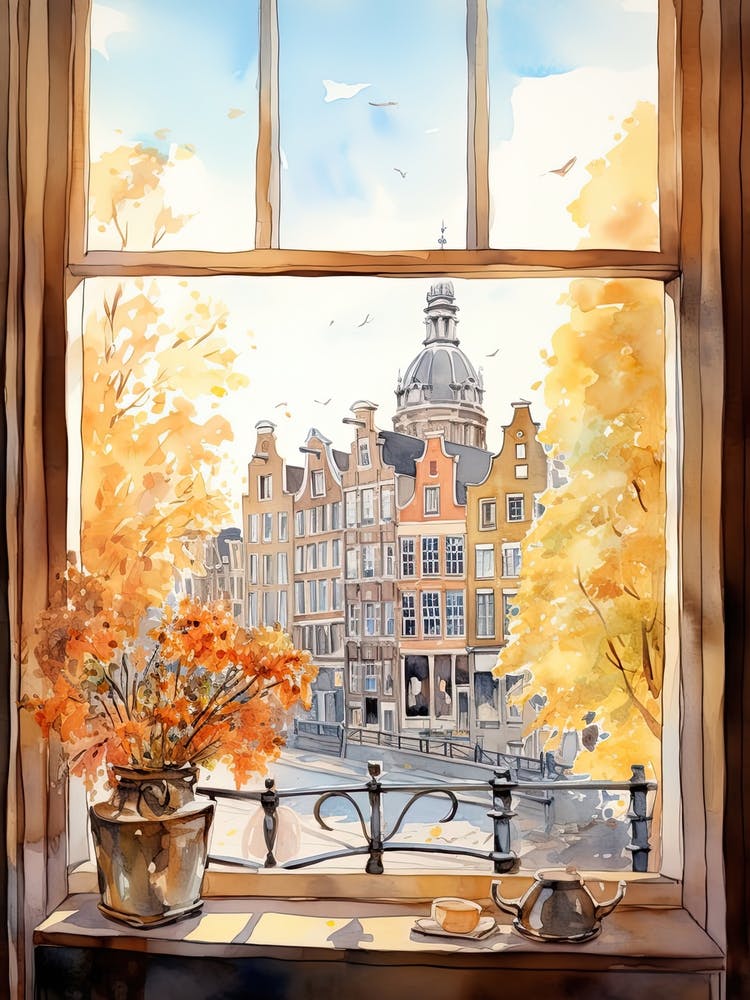 Window View Of Amsterdam Netherlands In Autumn Fall, Watercolour 2