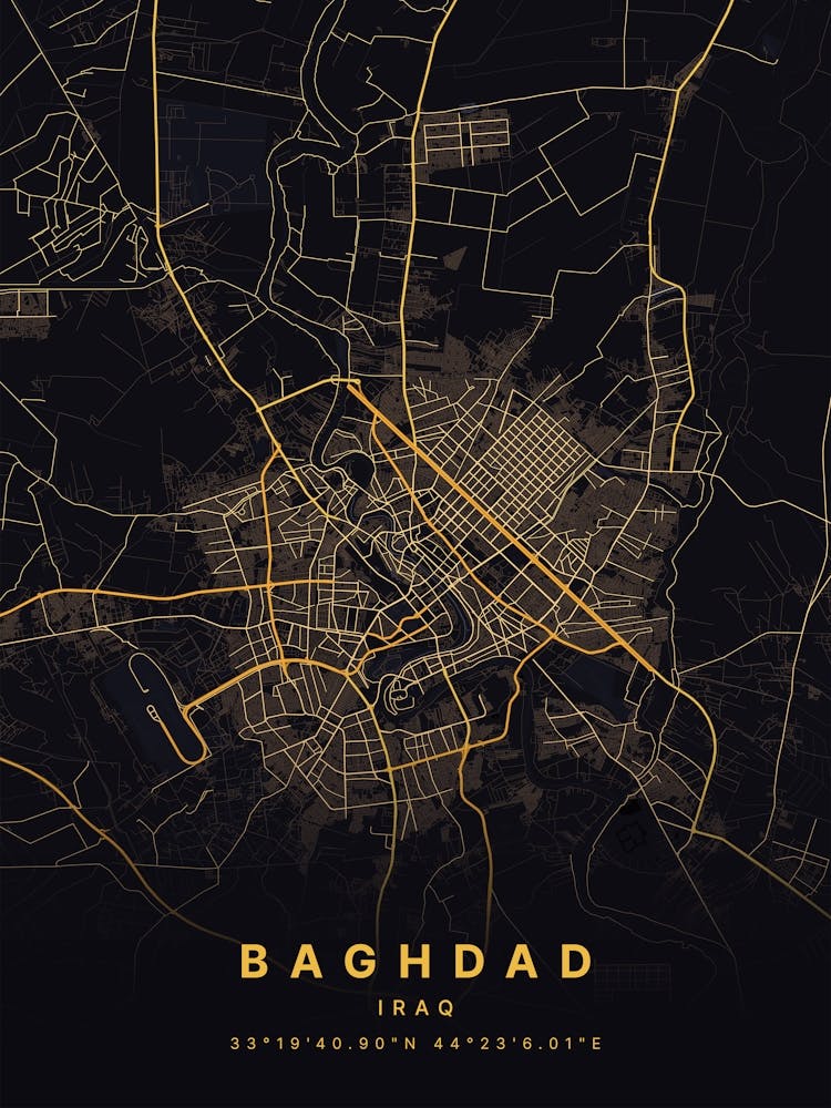 Baghdad Iraq Black And Gold Map