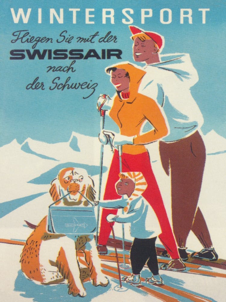 Family Enjoying Snow Skiing Vintage Poster