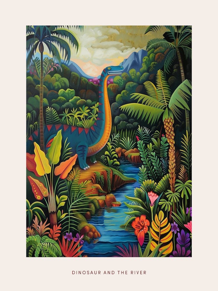 Colourful Dinosaur By The River Painting 1 Poster
