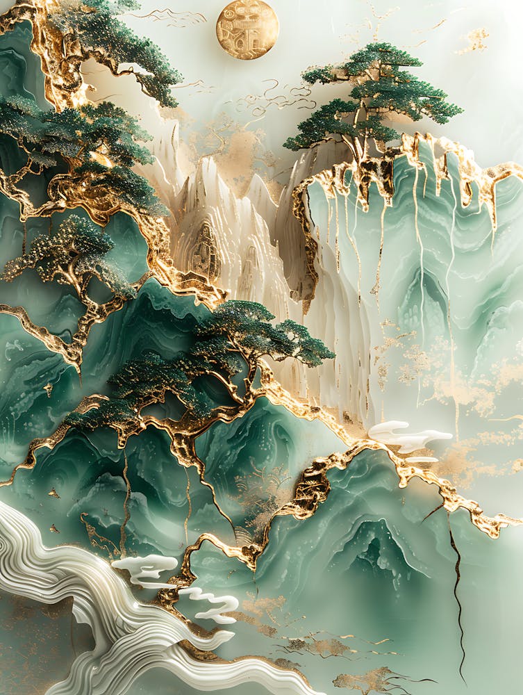Gold Inlaid Jade Carving Landscape 4