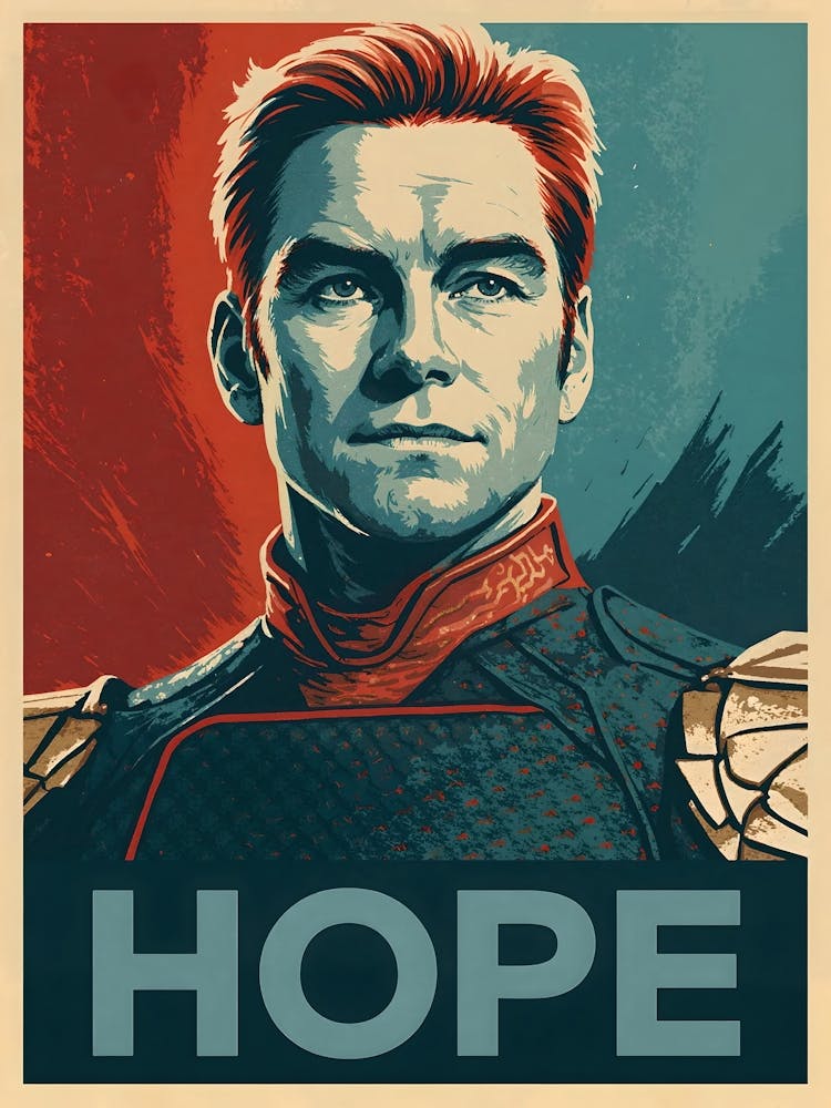 Homelander Hope Poster Art: Witness twisted patriotism with this bold Homelander poster from The Boys series. A pop art take on the ultimate antihero, blending superhero propaganda, dystopian vibes, and comic-style satire. Perfect for fans of villains, me