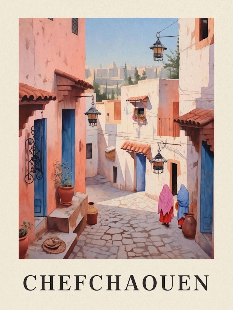 Chefchaouen Morocco 4 Vintage Pink Travel Illustration Poster