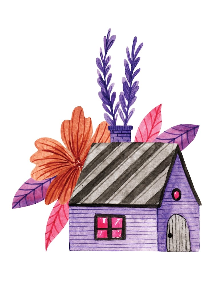 Watercolor House With Flowers