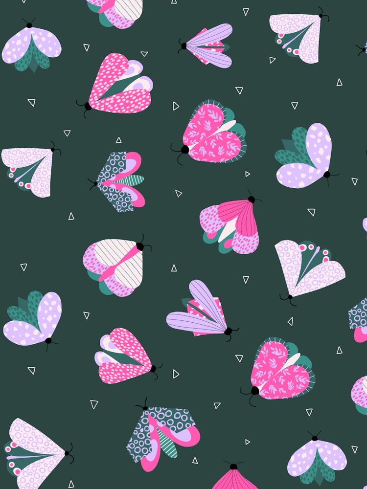Scattered Colorful Moths and Little Triangles Multicolor on Dark Emerald