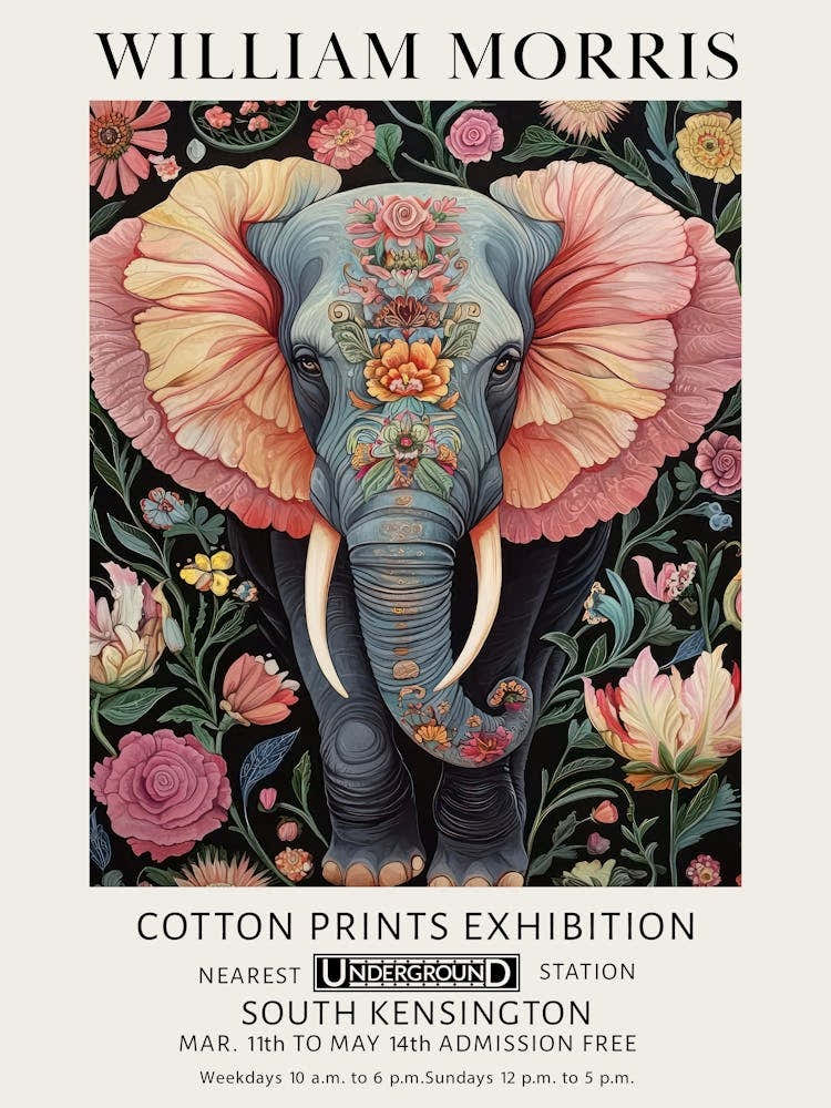 William Morris Elephant Pink Flowers Vintage Exhibition