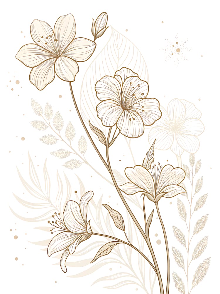 Soft Beige Floral Elegant Outline Botanical Art