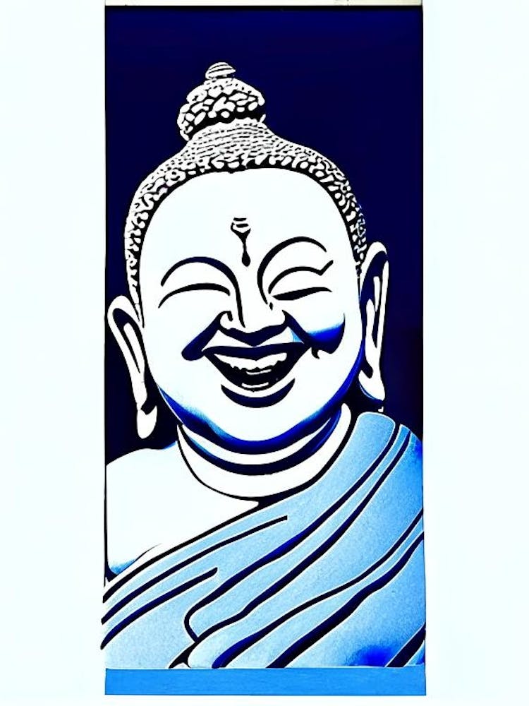 Laughing Buddha Symbol Blue And White Line Drawing