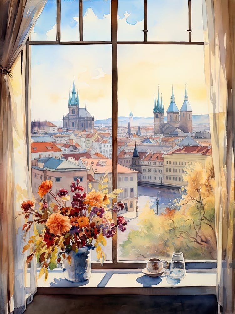 Window View Of Prague Czech Republic In Autumn Fall, Watercolour 3