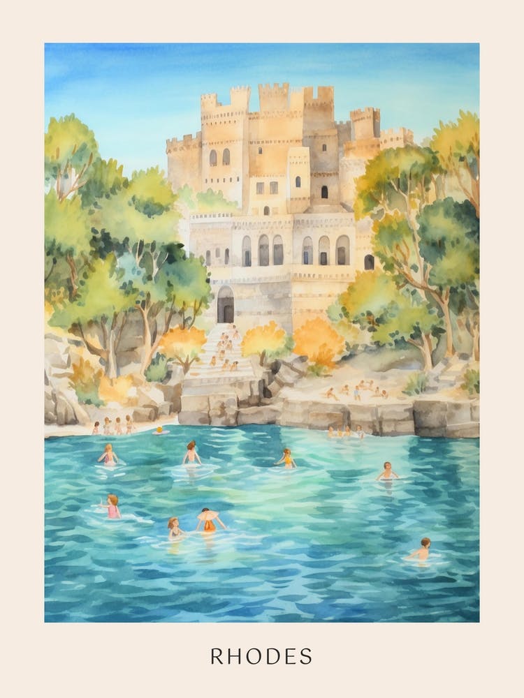 Swimming In Rhodes Greece 2 Watercolour Poster