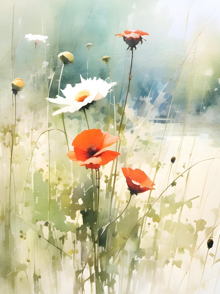 Poppies B, Wildflower Painting, Botanical Art