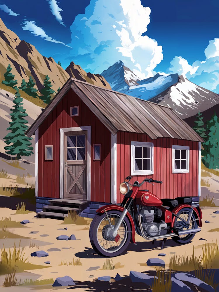 Anime Canvas Art: Rustic Red Cabin with Snow-Capped Mountains, Blue Sky, and Classic Motorcycle, Perfect for Lofi Aesthetic and Mountain Adventure Lovers.