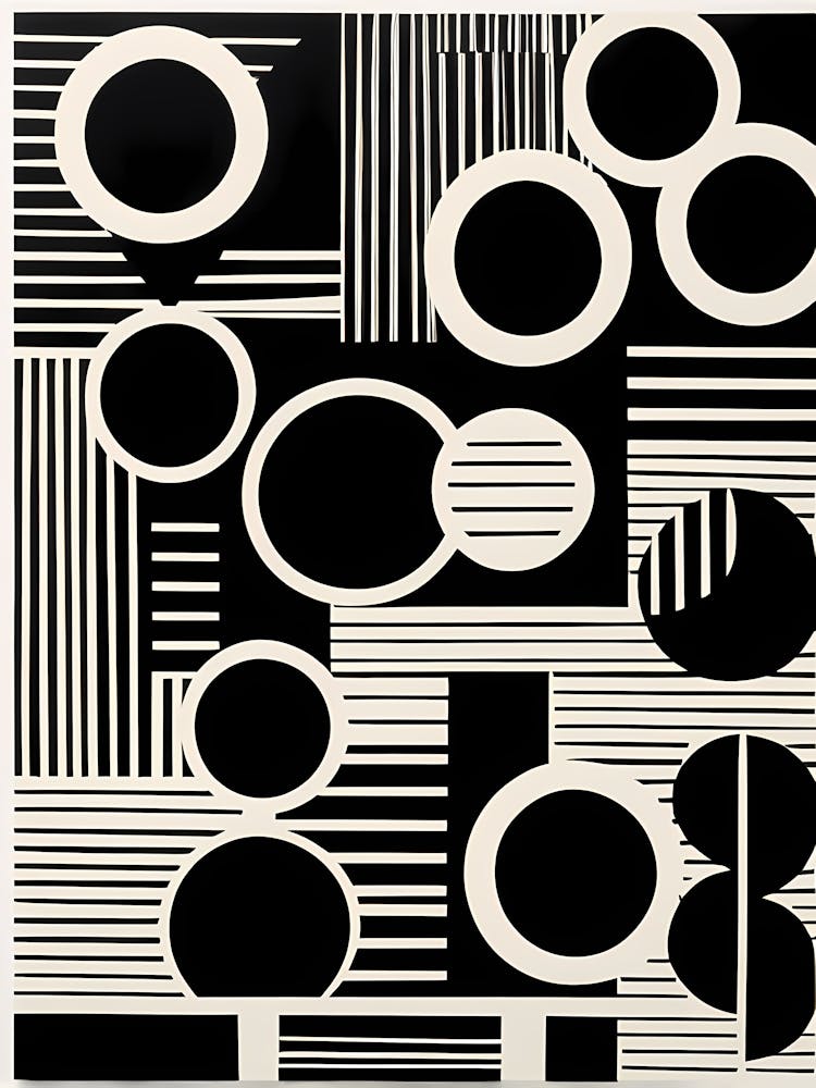 Retro Inspired Linocut Abstract Shapes Black And White Colors art, 178