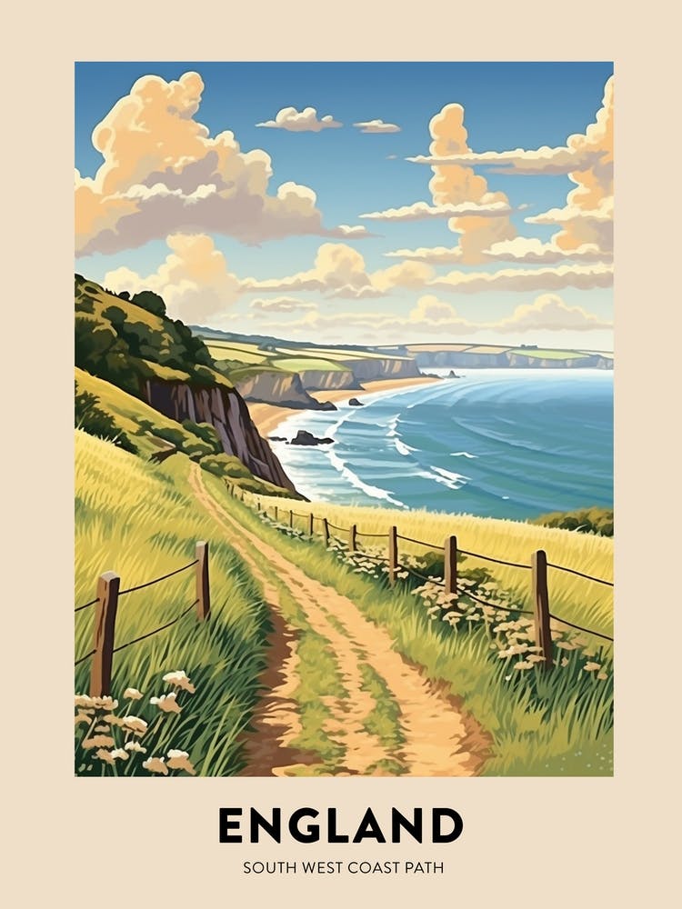 South West Coast Path England 2 Vintage Hiking Travel Poster