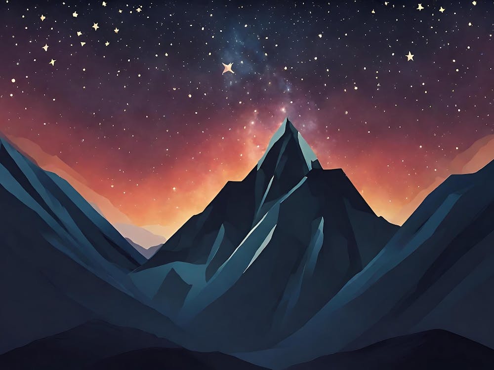 Abstract Solitary Mountain Peak, Star Filled Sky, Dark Colors, Top Down Perspective