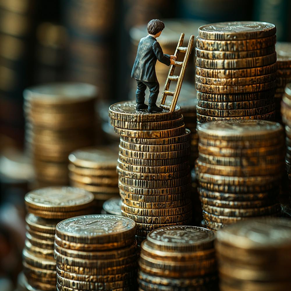 Businessman On Ladder On Stack Of Coins