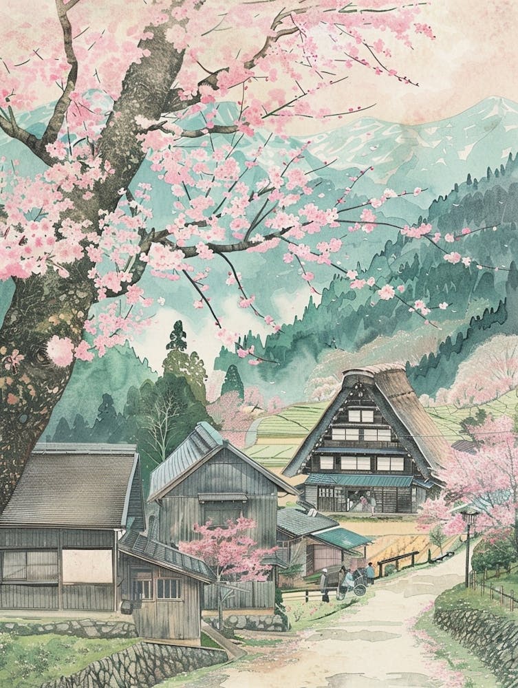 Shirakawa Go Japan 2 Retro Illustration