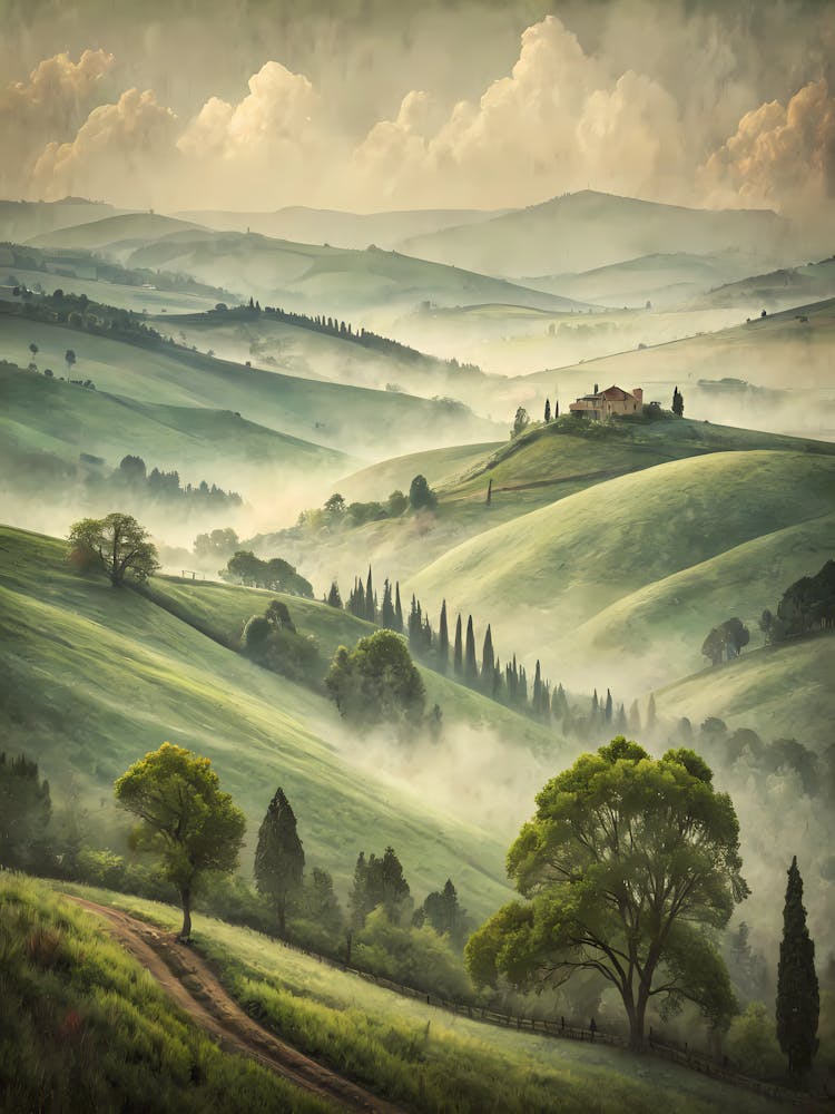 Fog Rolling Over Green Hills Painterly Vintage F