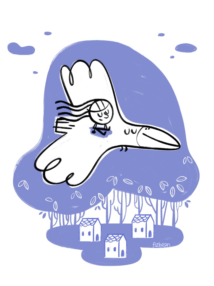 Girl flying with bird over the city