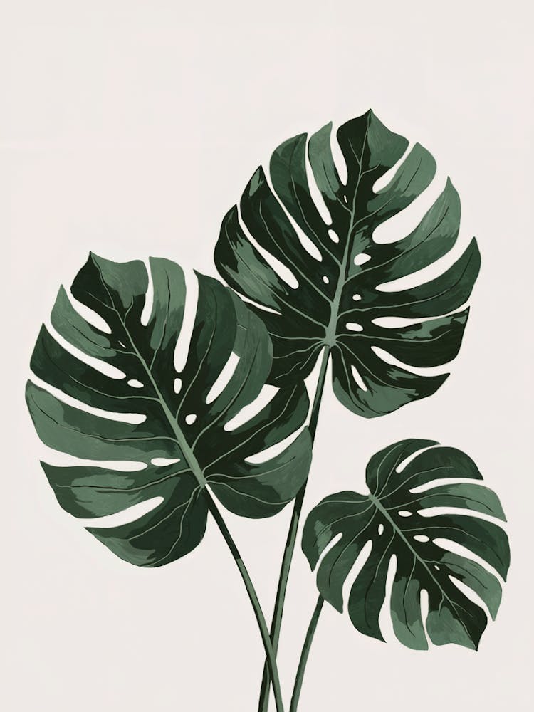 Modern Monstera Canvas Art: Rich green Monstera leaves with bold split patterns. A statement piece for contemporary botanical decor enthusiasts.