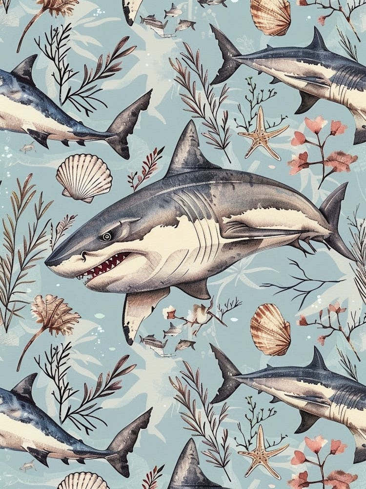 Pastel Blue Great White Shark Watercolour Seascape 1