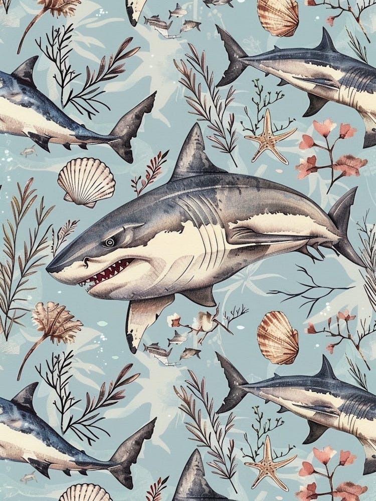 Pastel Blue Great White Shark Watercolour Seascape 1