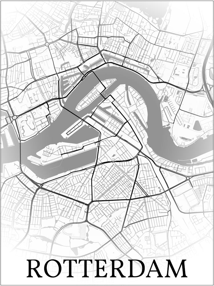 Rotterdam, South Holland, Netherlands, City Map, Black And White Fade Design