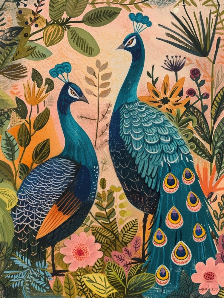 Two Folky Floral Peacocks 2