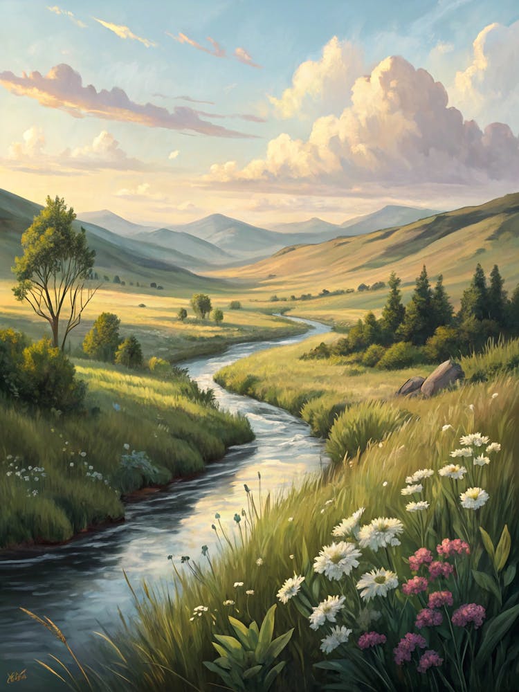 Oil Painting Style Tranquil Valley Scene