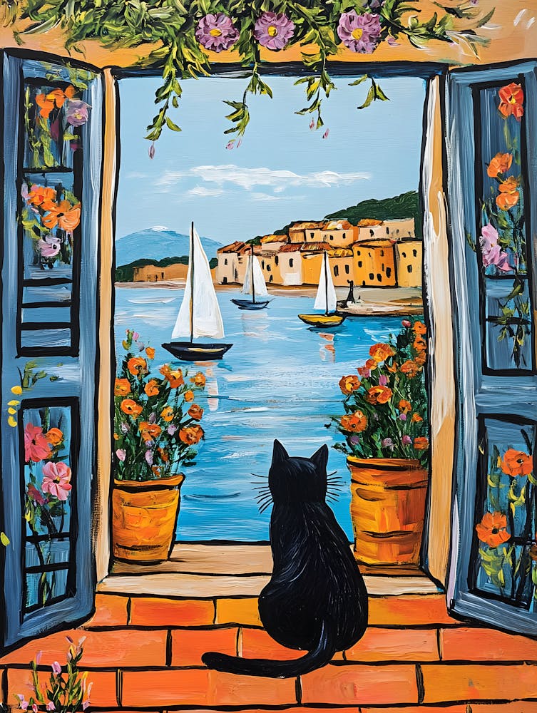 Oil Painting Black Cat Loves the Sea 3